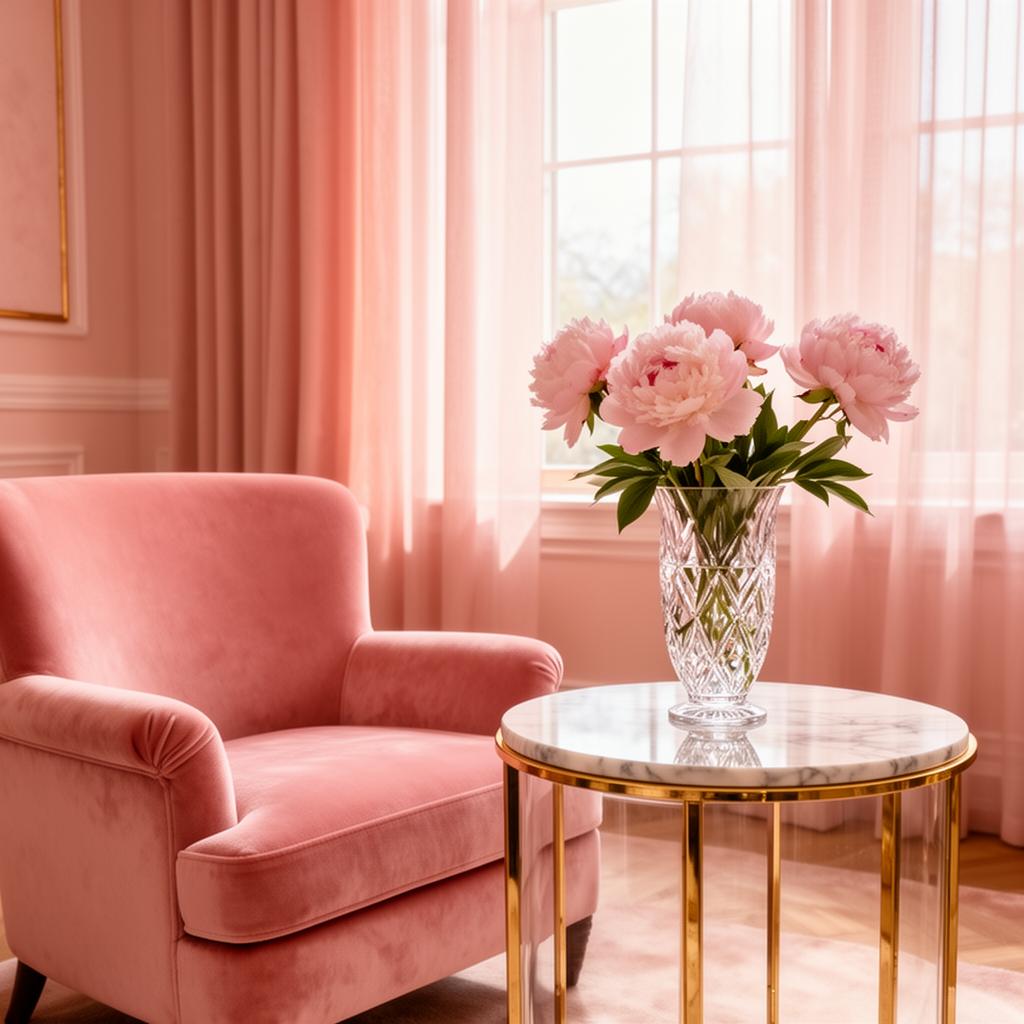Blush pink luxury interior with marble, gold, and peonies